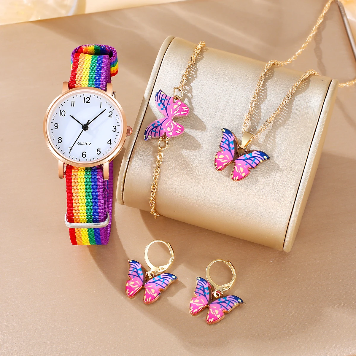 4Pcs Girls And Children Small Clear Rainbow Digital Hands Nylon Strap Quartz Watch Colorful Butterfly Bracelet Necklace Set