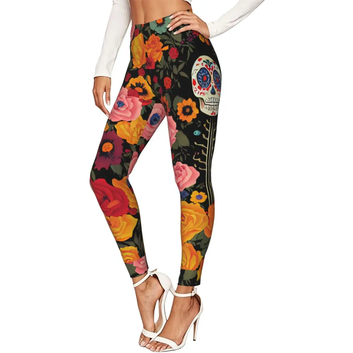 Ladies Elastic Waist Skinny Leggings Dia De Muertos Illustration Trousers For Daily Outdoor