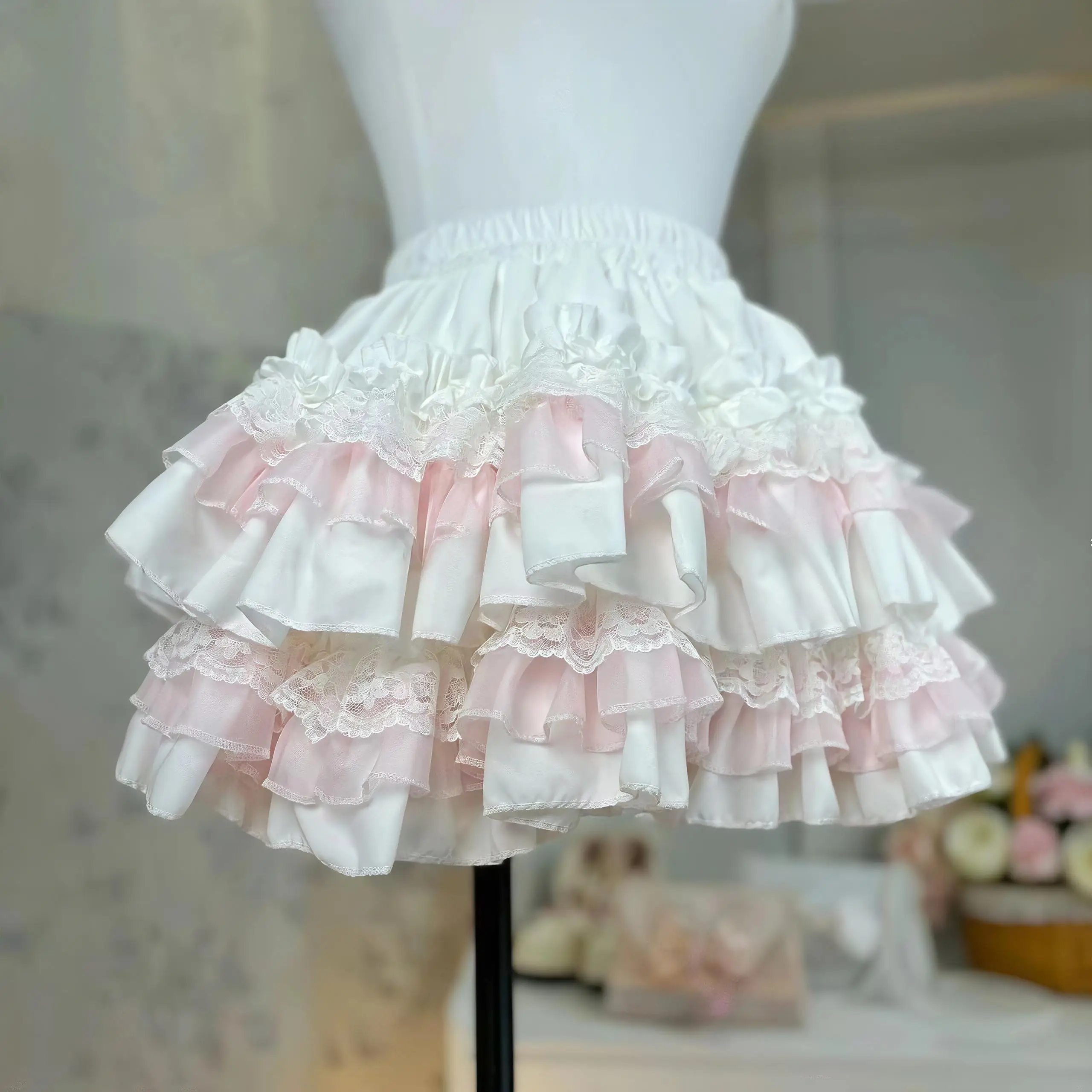 Damen Kawaii Lolita Tüllrock mit hoher Taille, Spitzenrüschen, gestufter Minirock in Weiß-Rosa-Farbblock, süßer Prinzessinnen-Kurzrock – Detail 3