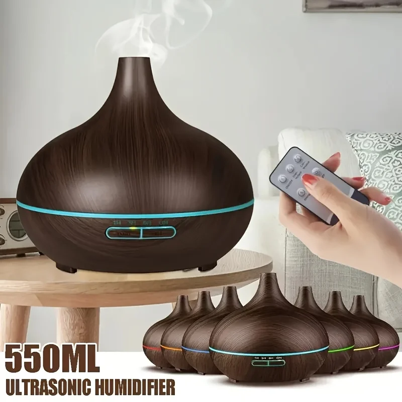 Penyebar Aroma Biji Kayu dengan Remote Control, Timer & 6 Set Minyak - Pelembap Kabut Dingin 550Ml untuk Ruangan Besar