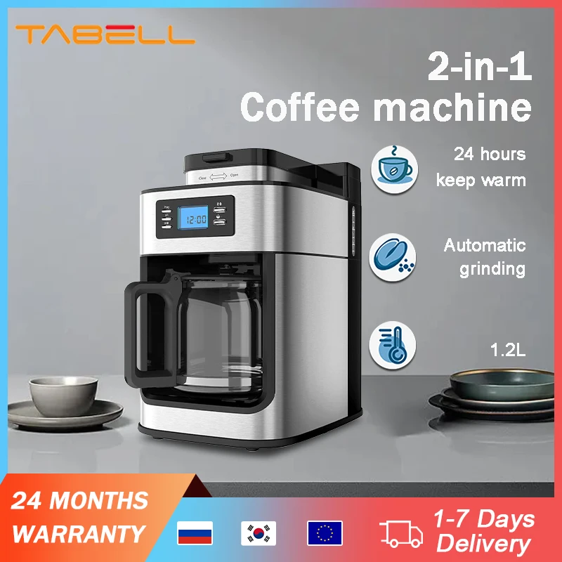 TABELL 2 In1 Coffee Maker Kitchen Automatic Coffee Machines Drip LED-Display Electric Bean Grinder Keep Warm Home Appliance