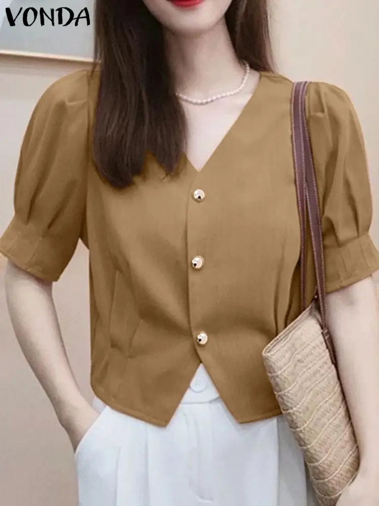 VONDA Women Elegant Blouse Sexy V Neck Tops 2024 Summer Solid Color Shirts Fashion Short Sleeve Tops Beach Blusas Oversized