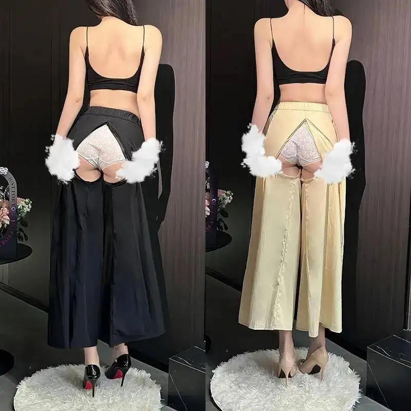 Invisible Zipper Open Crotch Women Pants High Waist Sweatpants Wide Leg Casual Trousers