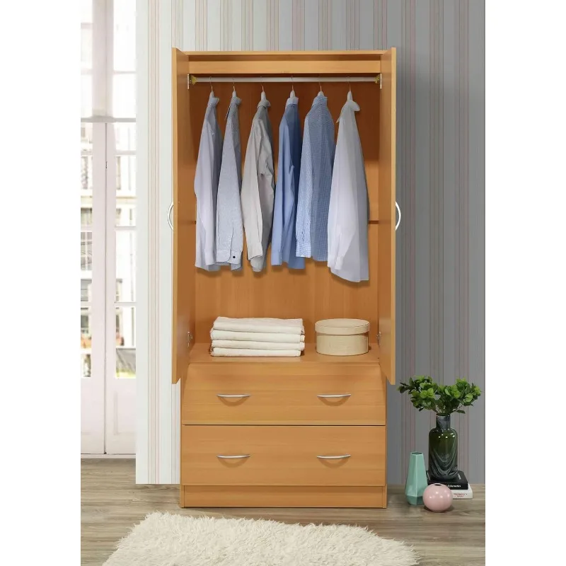 2 Door Wood Wardrobe for Bedroom with Hanging Clothing Rod inside the Cabinet and 2 Drawers for Storage Organization