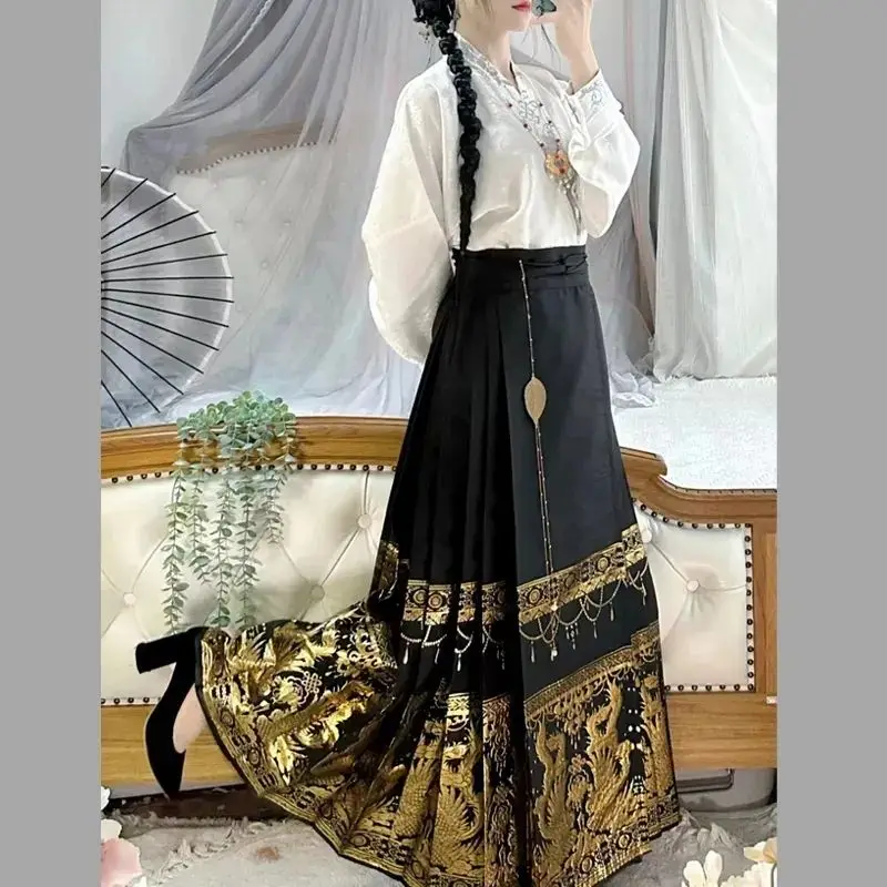 Saia Hanfu original para mulheres, traje tradicional chinês, tecelagem da dinastia Mamianqun Ming, colete de cavalo dourado, vestido diário