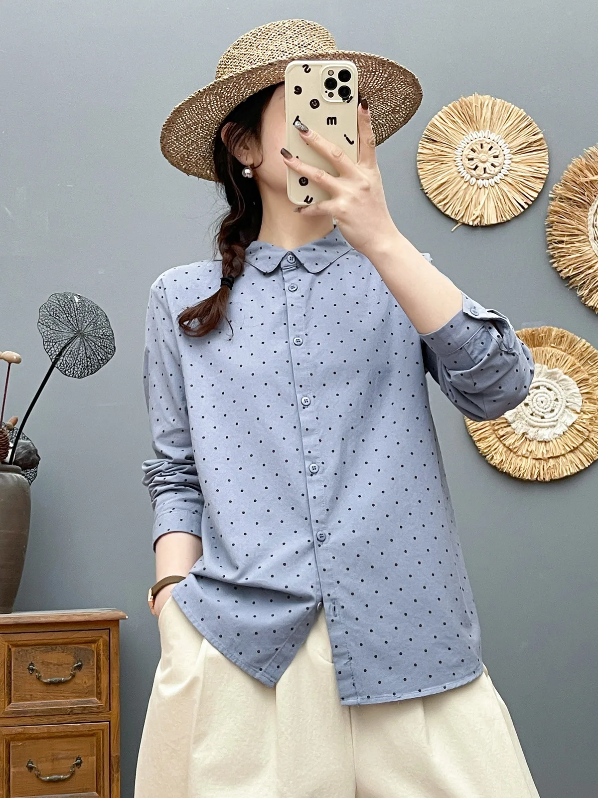 ใหม่2025ฤดูใบไม้ร่วงผ้าฝ้ายเสื้อแขนยาวผู้หญิงTurn-Down Collar Dotพิมพ์, Moriสาวอเนกประสงค์OLเดินทางเสื้อหลวมt57481CC