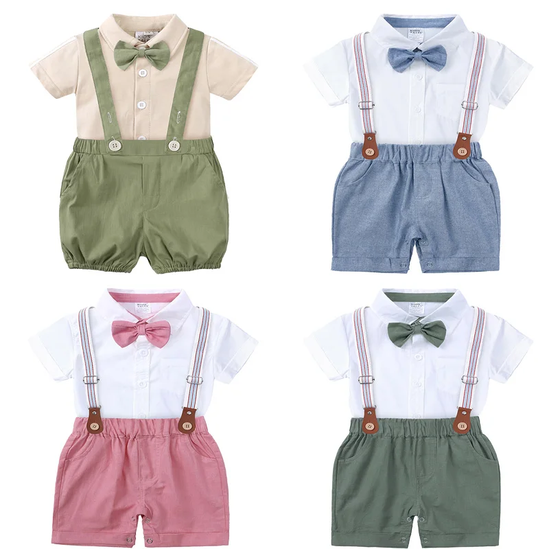 

Gentleman Party Suit Baby Boys Bow Tie Romper Formal Clothes Sets Cotton Jumpsuit+Suspender Shorts Newborn Infant School Outfits