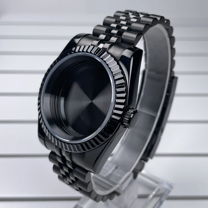 39mm Full Black DJ NH35 Case Fluted Bezel Sapphire Glass For Seik Mod Modification Part Fit NH35 NH36 Movement Steel Watch Case