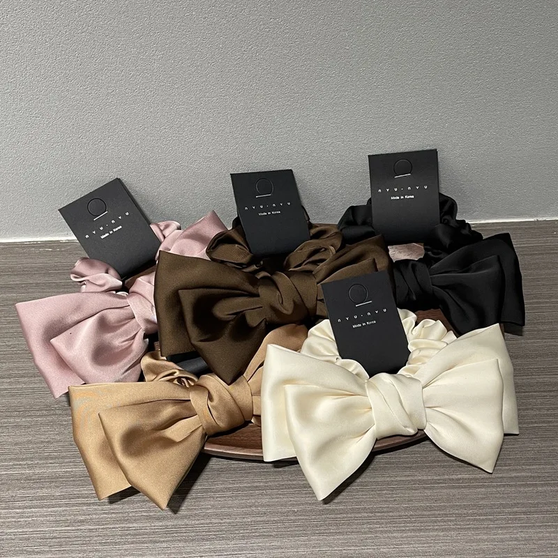 Luxury Satin Silk Bow Streamers Hair Ring Knotted Scrunchie Women Ponytail Hair Ties Solid Color Rubber Band Hair Accessories