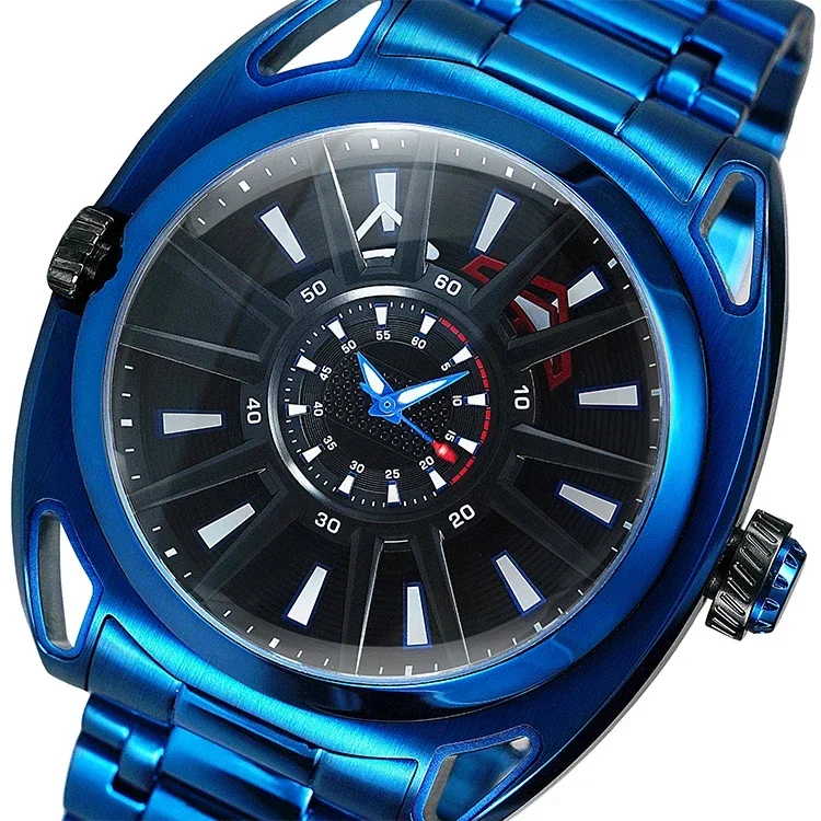 Japanese Movement Blue Hip Hop Fashion Watch Stainless Steel Men Watch SIX HANDS Luminous Functions Custom Made Watches