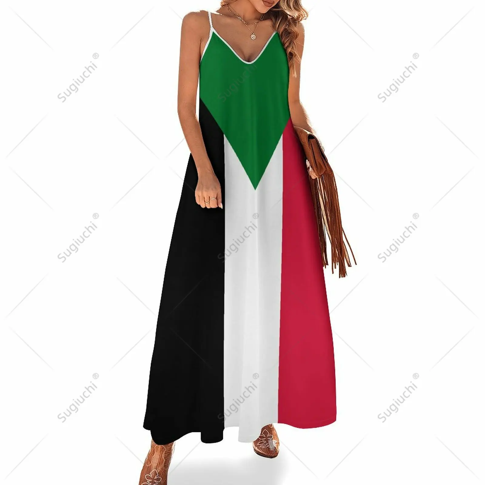 Long Dresses Dress Sudan Flag Print New Casual Sleeveless Women's V-Neck Printed Dress Swing Retro Dresses