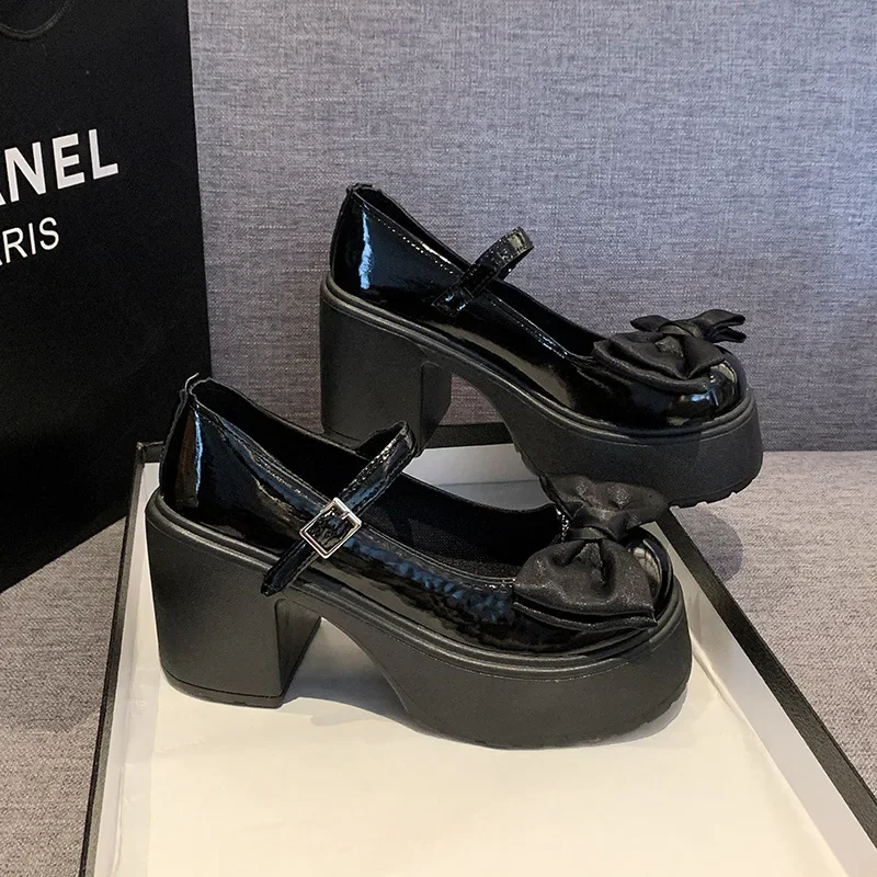2024 Summer New Coarse Heel Mary Jane Single Shoes Fashion Bowknot Thick Heel Round Toe Pumps Trendy Street Lolita Shoes