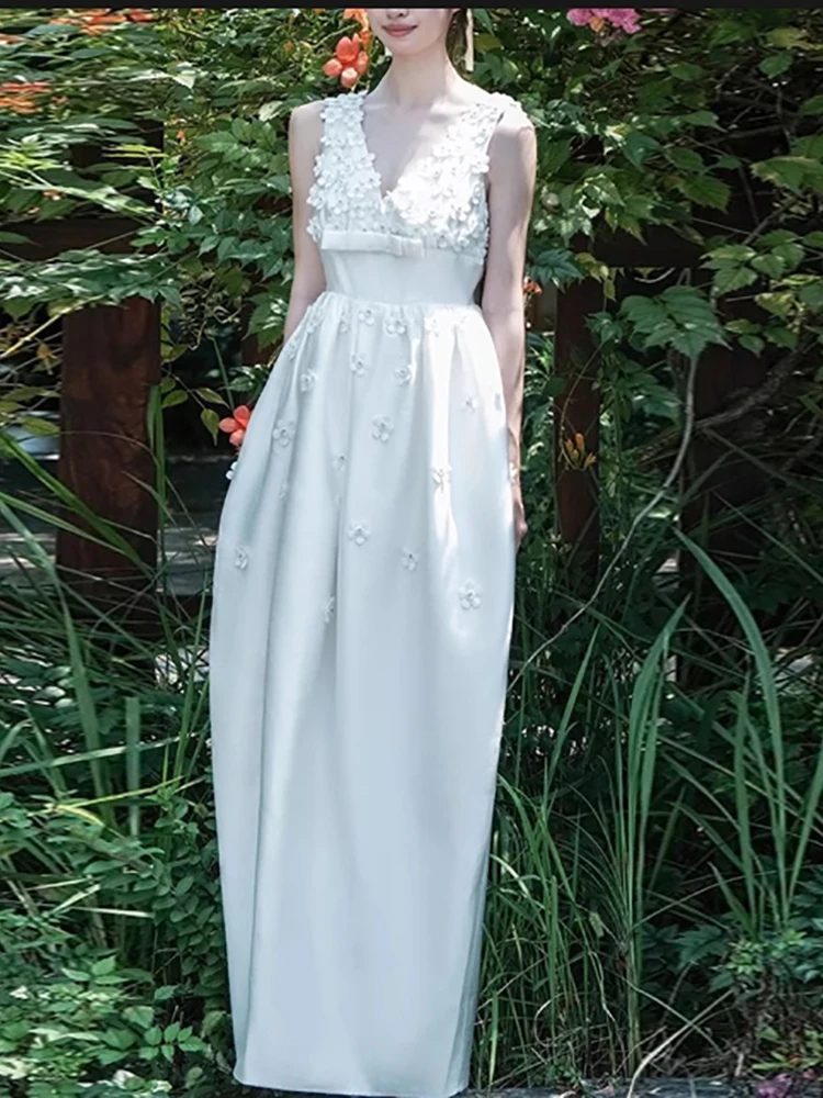 

2025 New Solid Slimming Spliced 3D Flowers Midi Dresses for Women Deep V-Neck Sleeveless Patchwork Bow Elegant Dress Female