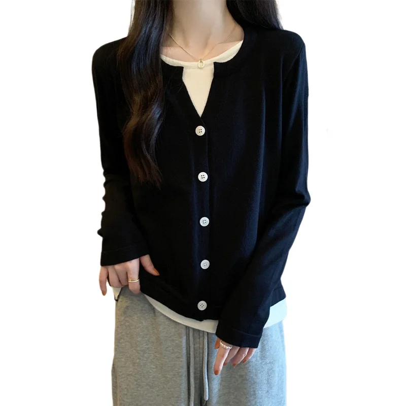 Maglione lavorato a maglia taglie forti Falso in due pezzi Sciolto Base da donna irt Copertura della pancia Dimagrante Autunno Inverno Nuovo Sle Fce Pull...