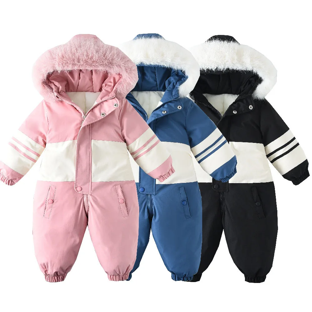 

Winter Infant Baby Romper Striped Faux Fur Hooded Thicken Toddler Ski Suit Fleece Warm Kids Little Boys Jumpsuit 1-5Y Girl Parka