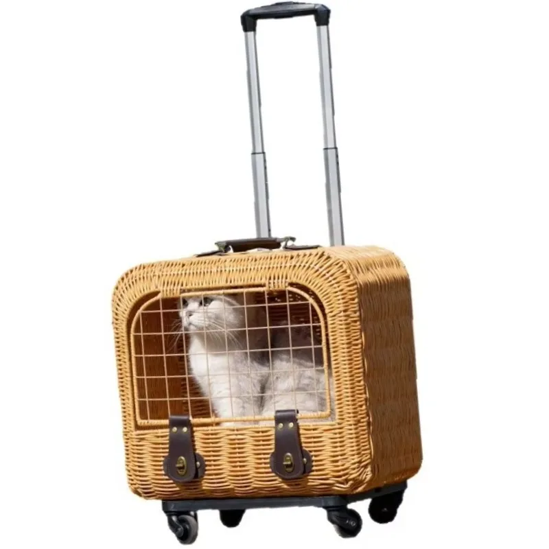 

Woven Rattan Pet Luggage Bag Anti-Stress Cat Cage and Cat Box Breathable Trolley for Dogs and Cats Outings