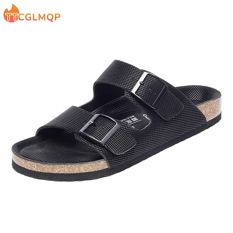 New Summer Cork Sandals Men\'s Flock Faux Suede Mule Clogs Slippers Brown Classic Buckle Cork Slides Slippers For Men Slippers