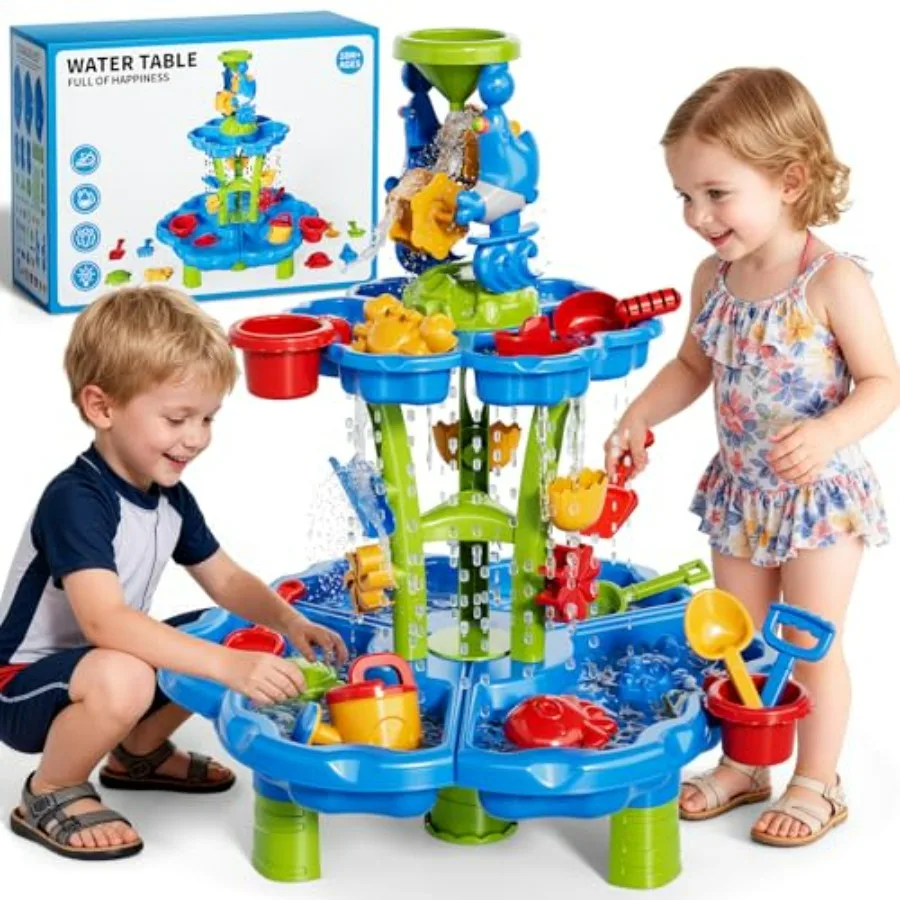 Outdoor sand and water table for toddlers, BPA-free plastic, blue and yellow, 2-tier design with removable trays for versatile