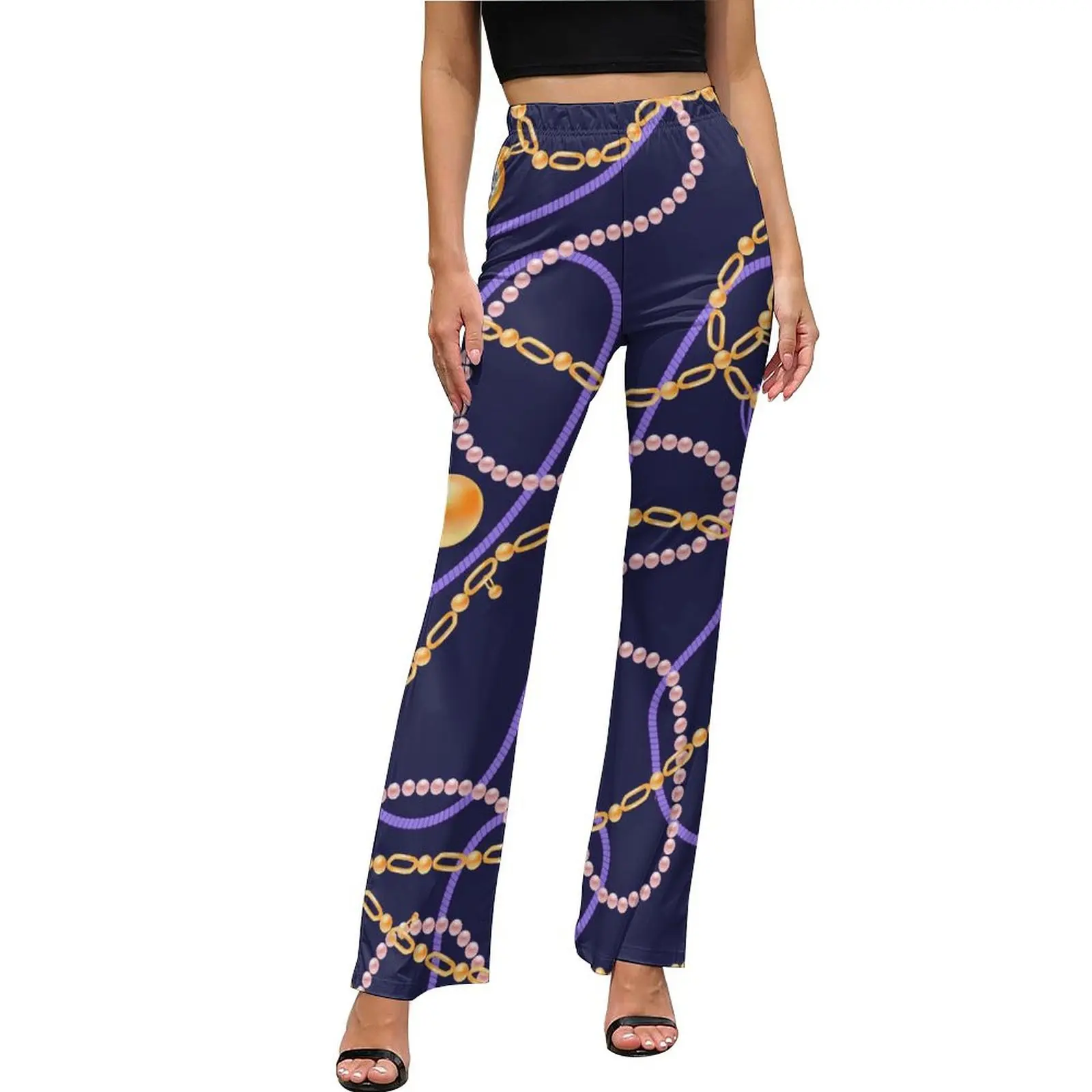 

Gold Chains Pants Bead Print Elastic Waist Sexy Workout Flare Trousers Summer Design Street Fashion Pants Gift Idea