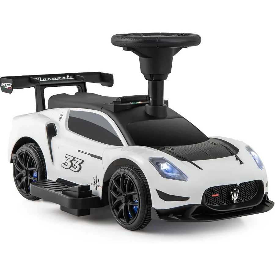 Samochodzik elektryczny dla maluchów Maserati z licencją, 6V, z klaksonem, muzyką, światłami i schowkiem pod siedzeniem, zasilany bateryjnie, do pchania.