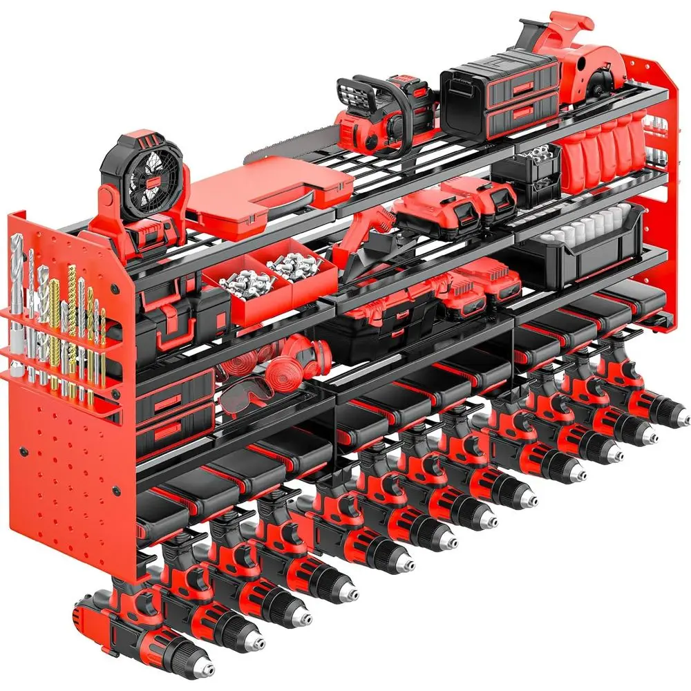 

Large Power Tool Organizer Wall Mount-12 Drill Holder, Metal Heavy Duty Garage Tool Storage Shelves with Screwdriver Plier Holde