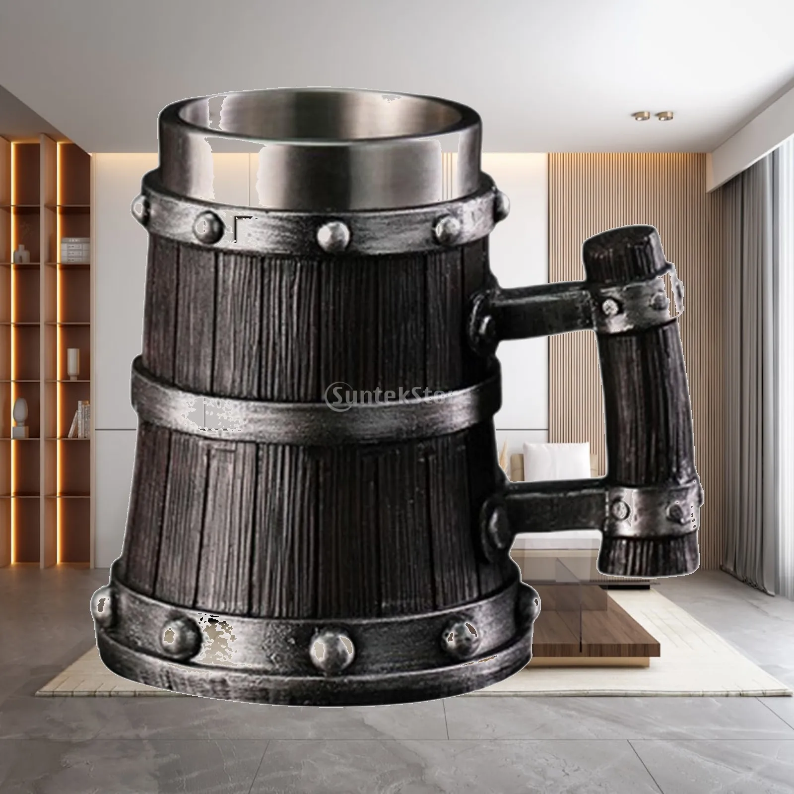 Wood Barrel Beer Mug 600ml Stainless Steel Tankard Drinkware Mug Retro Style Beer Cup for Unique Gifts Bar Home Coffee Party