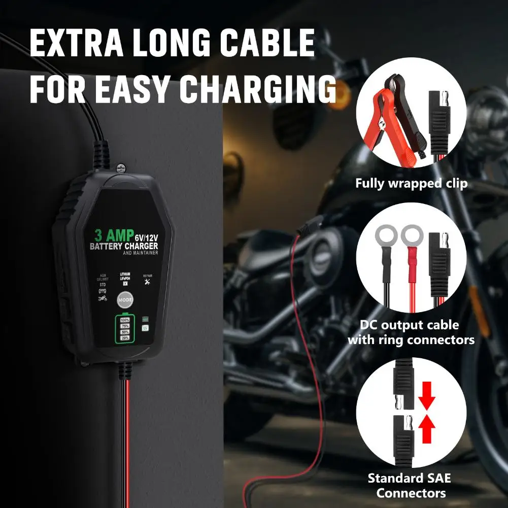 Cargador de batería inteligente automático para coche y motocicleta, baterías de plomo-ácido, LiFePO4, 6V, 12V, 3A