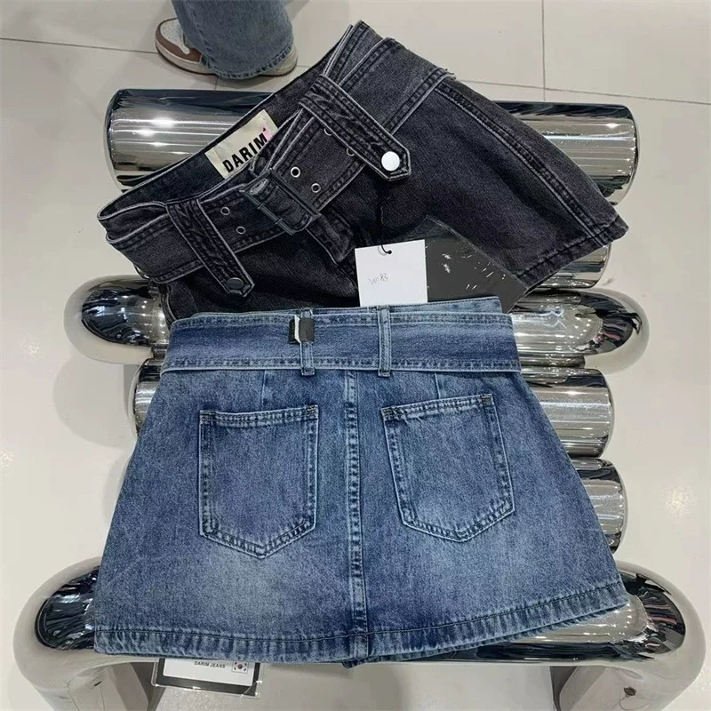 Girls High Waist Denim Mini Skirt Wide Buckle Belt Y2K Cargo A Line Jean Skirt Kids Vintage Summer Skirts Black Blue 2 Colors