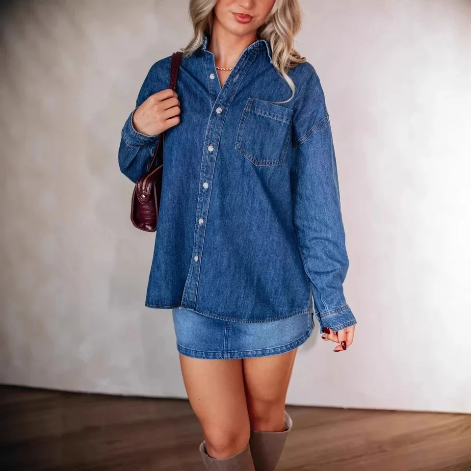 

2026 New Womens Outfit Solid Color Spring Minimalist Fashion Versatile Denim Shirt Women