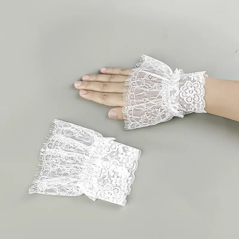 New Women's Lace Fake Sleeve Wrist Cuffs Elastic Decorative Wristbands Short Tassels White And Black Pleated Cuff Embellishments