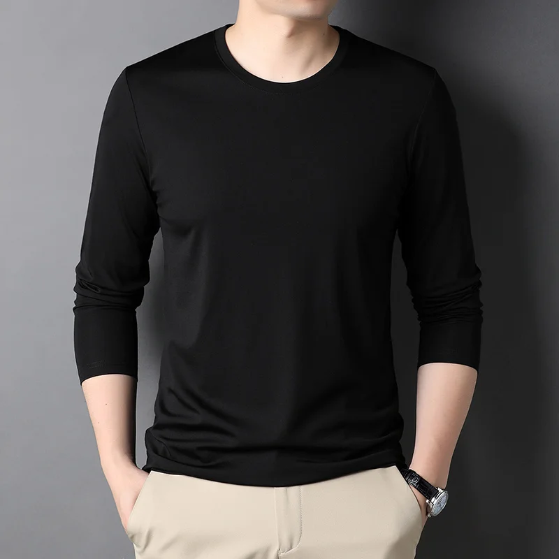 

7 Color Men's Solid Color Casual Long Sleeve T-Shirt Mulberry Silk Fabric Fashion Business Crew Neck Bottoming Shirt Male Brand