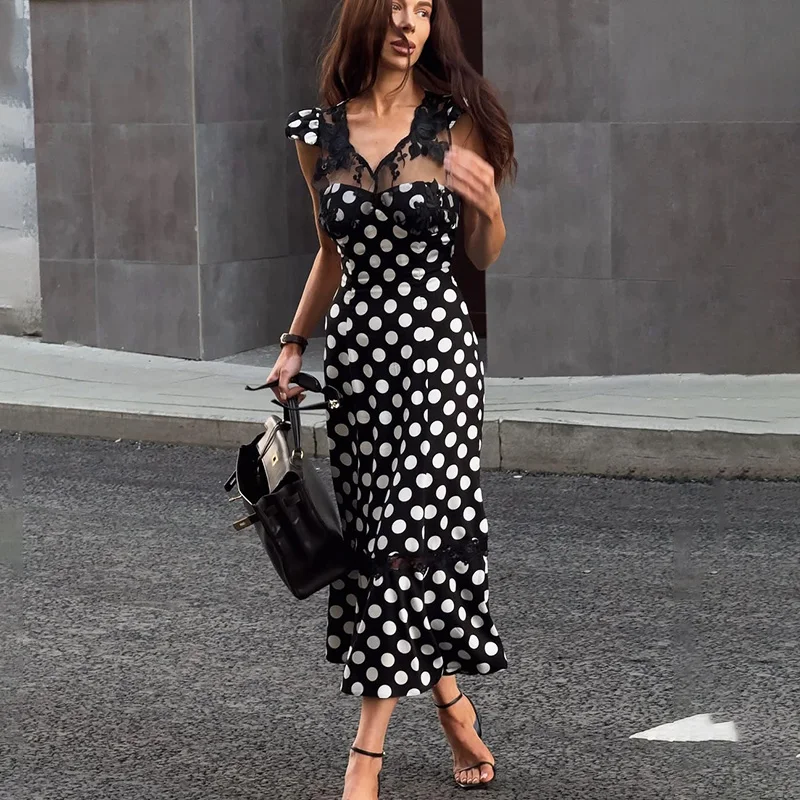 فستان ماكسي مثير مطبوع عليه دانتيل من Ticketsx فستان نسائي مفرغ منقط مرقع بدون أكمام فستان نحيف أنيق للإجازات