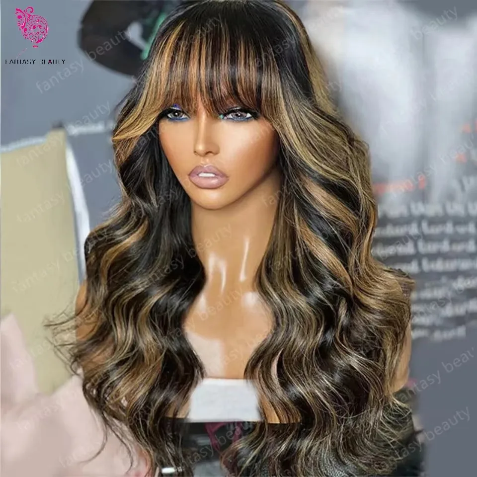 

Highlight Blonde Brown Full Lace Human Hair With Bangs Loose Wave Wigs for Black Women Pre Plucked 360 Lace Frontal Fringe Wigs