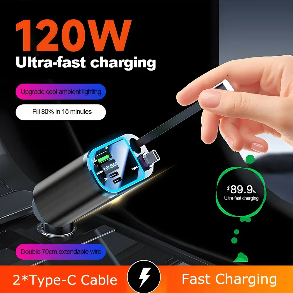 120W Car Charger USB Type C PD Fast Charging With Retractable Cable For Samsung Huawei Cigarette Lighter Adapter Universal