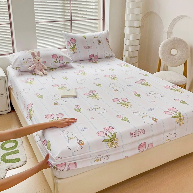 New Plant Cashmere Single Bed Bonnet Printed Cartoon Bedspread with Elastic Skin-friendly Sheet Set for Students 200x200 137x193