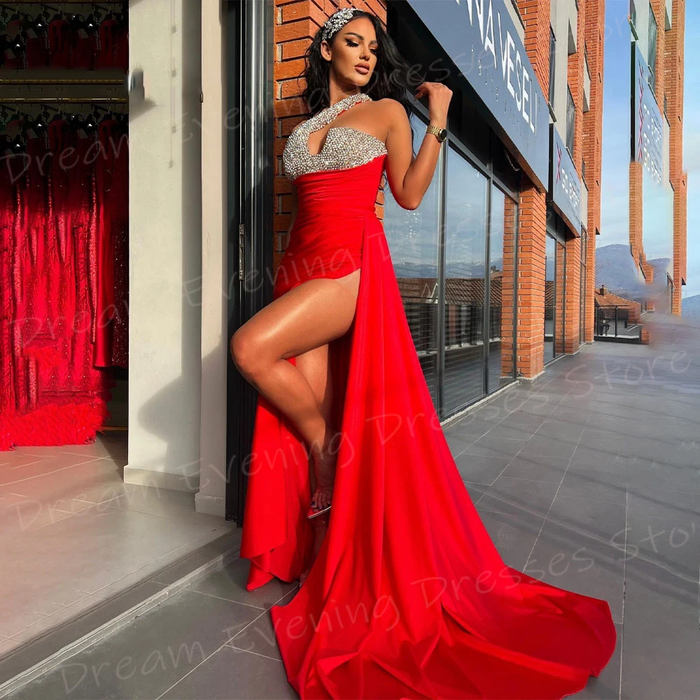 Generous Red Mermaid Popular Women's Evening Dresses Charming One Shoulder Prom Gowns Beaded High Side Split Vestido De Noche