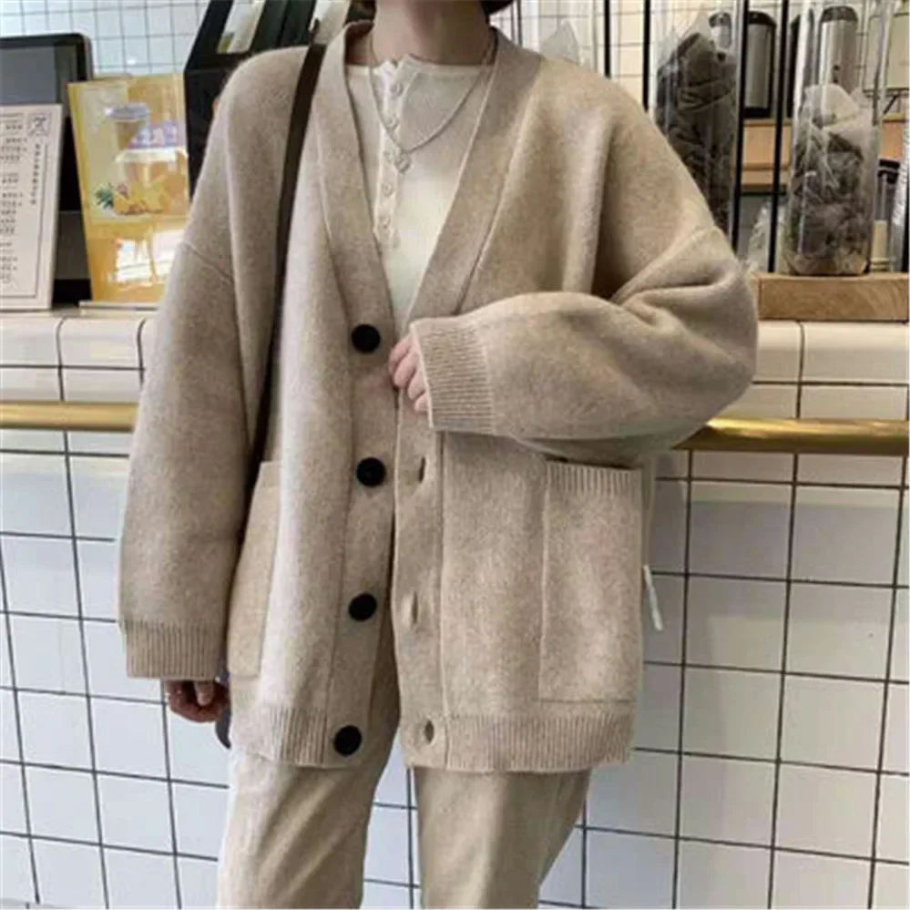 

Korean New Cardigan Women Autumn V-Neck Pockets Knitted Sweater Womens Long Sleeve Solid Retro Daily Basic Vintage Causal Loose
