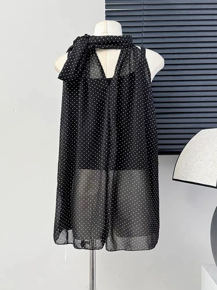 

Deeptown Korean Style Chiffon Blouses for Women Sleeveless Polka Dots Cute Black Shirts Bandage Sweet Summer Tops Elegant Chic