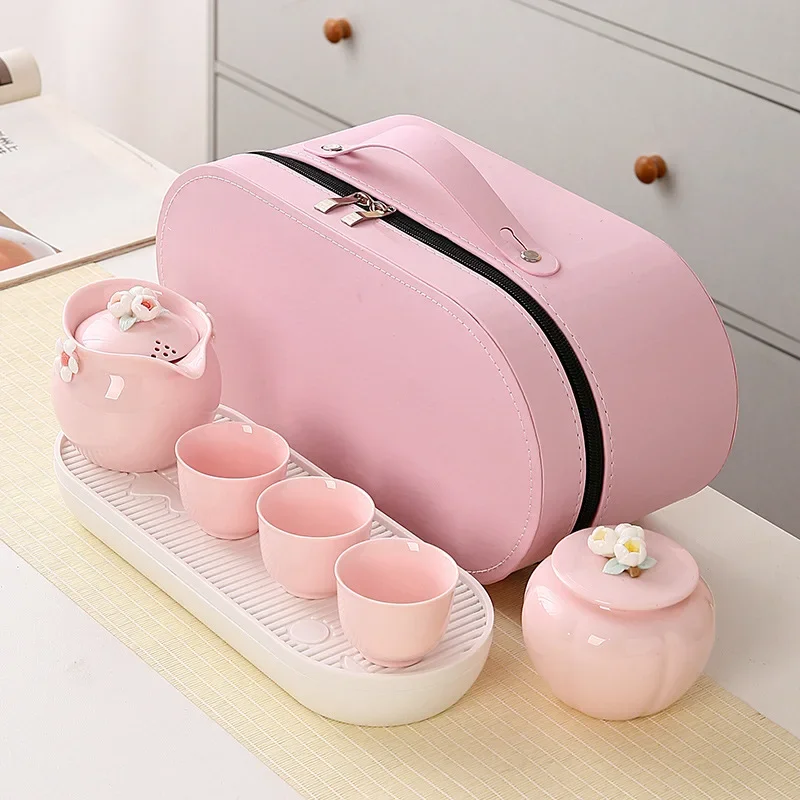 Ceramic Pink Travel Tea Set Pink Girly Teaset Tea Cup Cover Bowl Outdoor Portable Chinese Luxury Cup Tea Sets Complete Set Gift