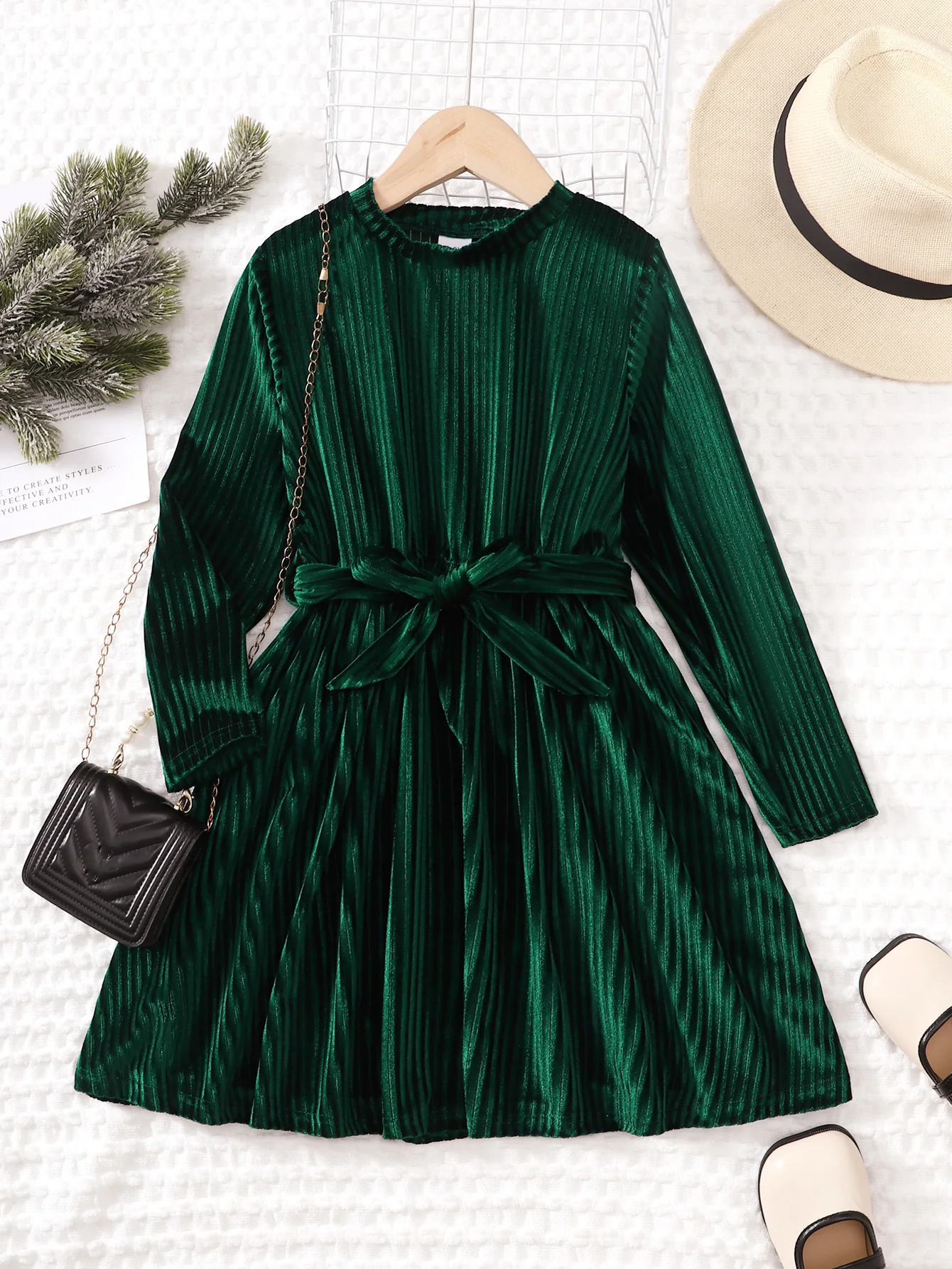 Big Girls Dress Elegant Velvet Long Sleeve Dress With A Belt Girl'S Casual Dress Green