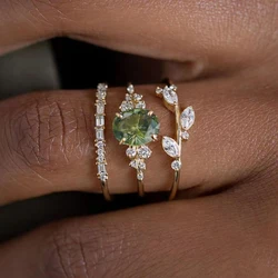 Huitan Olive Green Cubic Zircon 3Pcs Set Rings for Women Unique Design Wedding Party Aesthetic Female Accessories Luxury Jewelry
