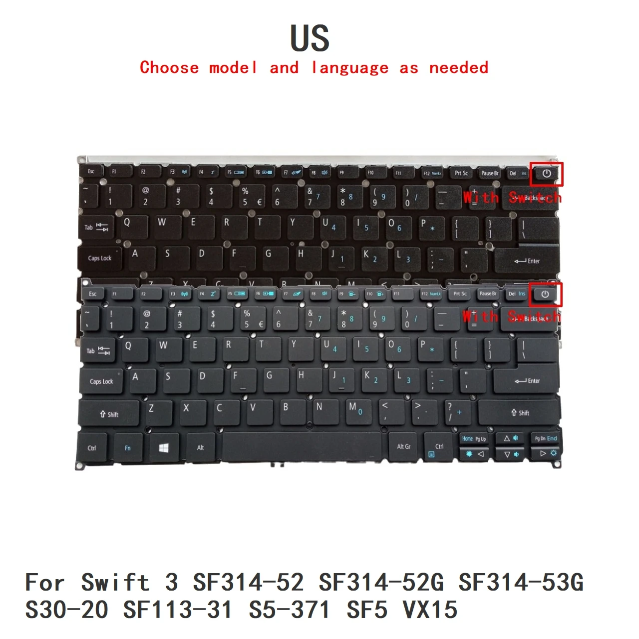 Nuevo teclado retroiluminado en inglés de EE. UU. para Acer Swift 3 SF314-52 SF314-52G SF314-53G S30-20 SF113-31 S5-371 SF5 VX15