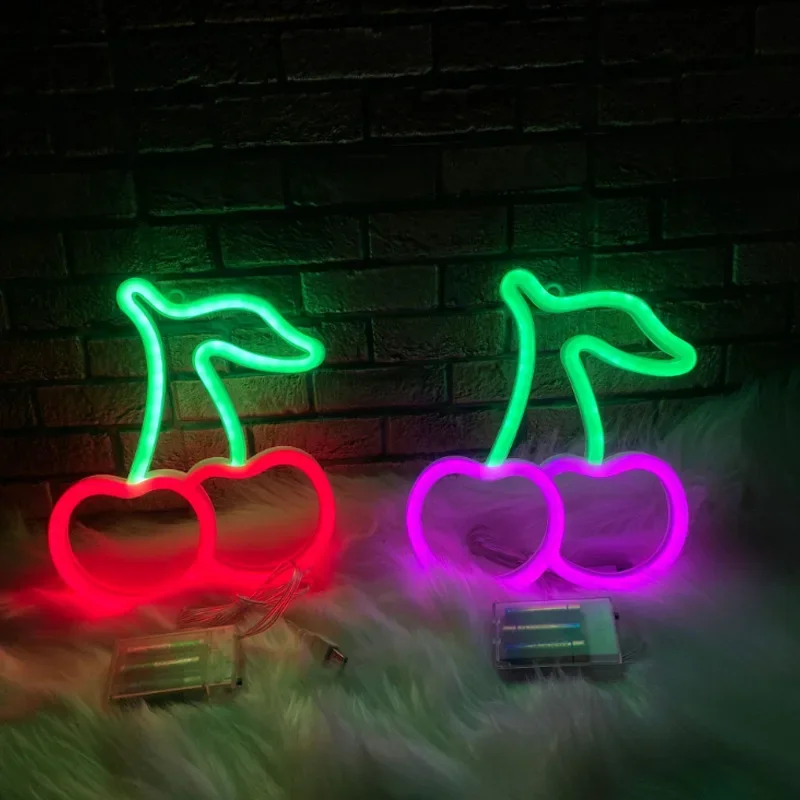 Cherry Shaped Neon Lamp Heart Fruit Restaurant Wall Neon Sign for Party Wedding Christmas Shop Birthday Home Decoration