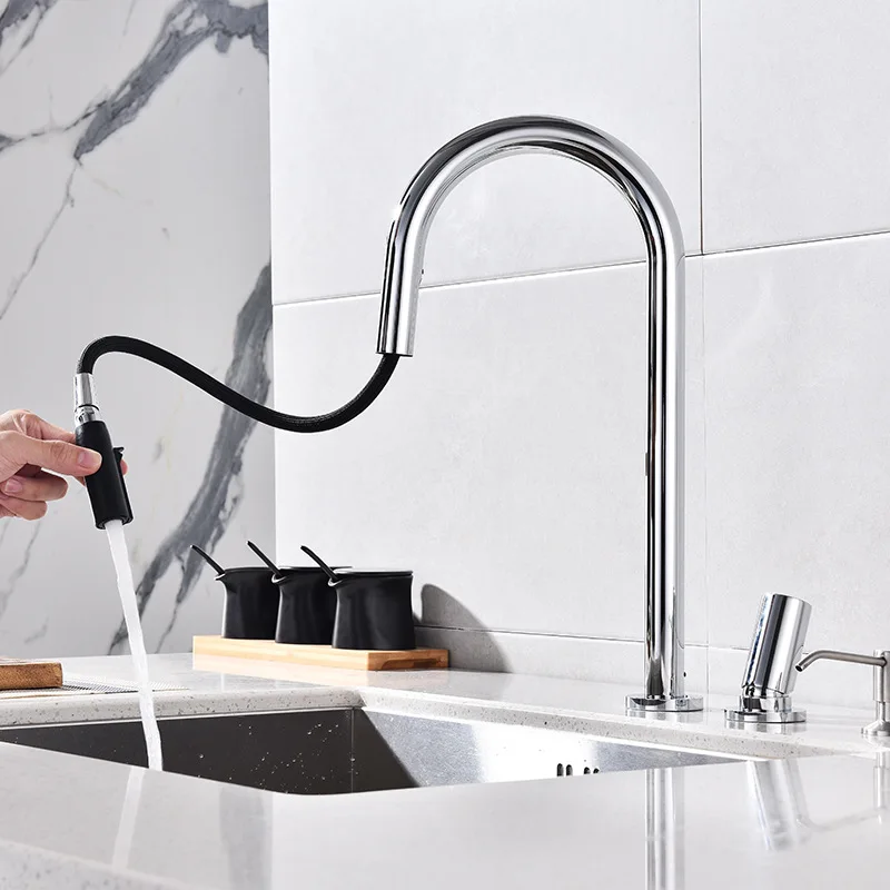 KEMAIDI سحب أسفل صنبور حوض المطبخ مقبض واحد ثقب مزدوج خلاط المياه الساخنة والباردة النحاس سطح الخيالة صنبور المطبخ الحنفية