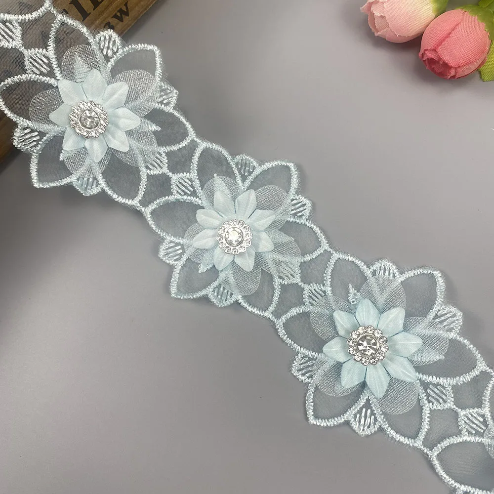 10Pcs Sky Blue Flower Lace Trim Embroidered Lace Fabric Diamond Sewing Supplies Crafts For Costume Hat Wedding Dress Decoration