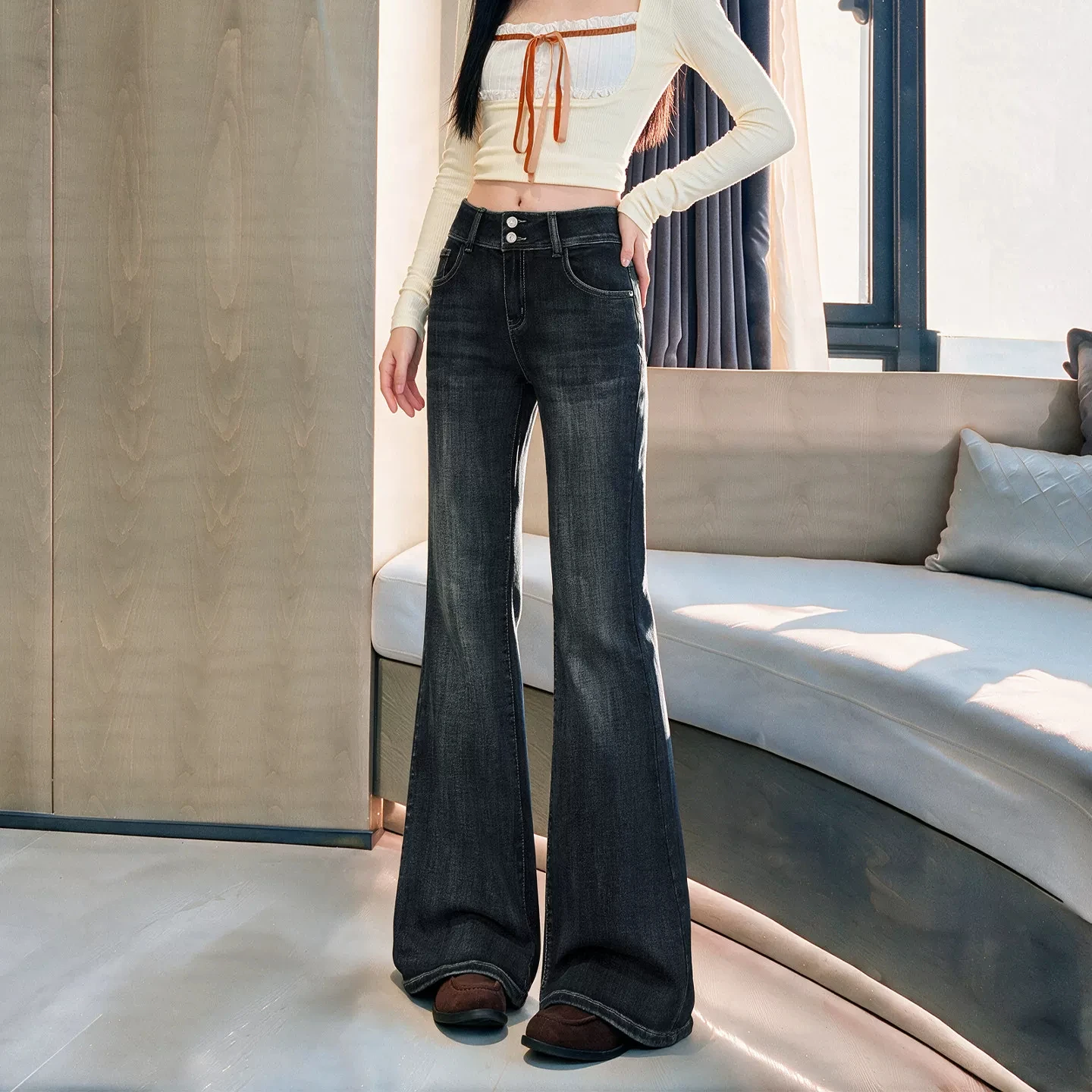 American Retro High Waist Bell Bottom Jeans Women's Straight Leg Double Buckle Slimming Cotton Stretch Denim Fall Fashion
