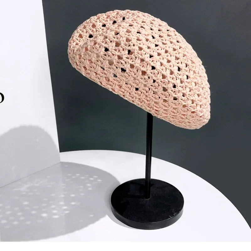 Women Handmade Crochet Beret Cap Solid Color Hollow Out Sweet Floral Weave Lady Leisure Vintage Slouchy Painter Hat