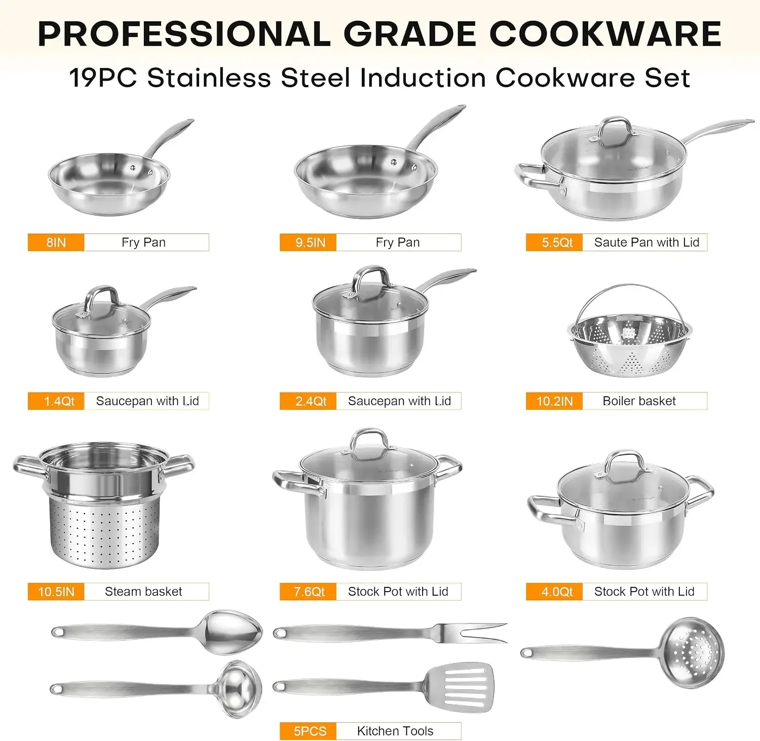 Stainless Steel Pots and Pans Set, 19PC Induction Cookware Set | Family Kitchens, Impact Bonded Base, Even Heat for Boiling, Fry
