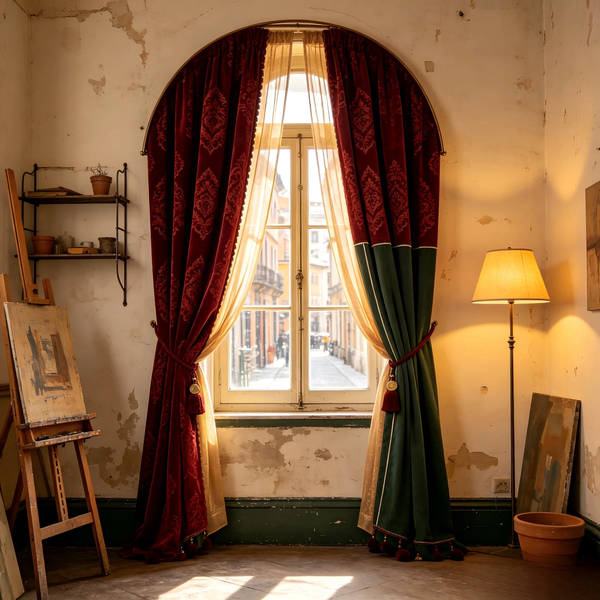 200447  Wine red velvet dark pattern+dark green short curtain | arched curtain