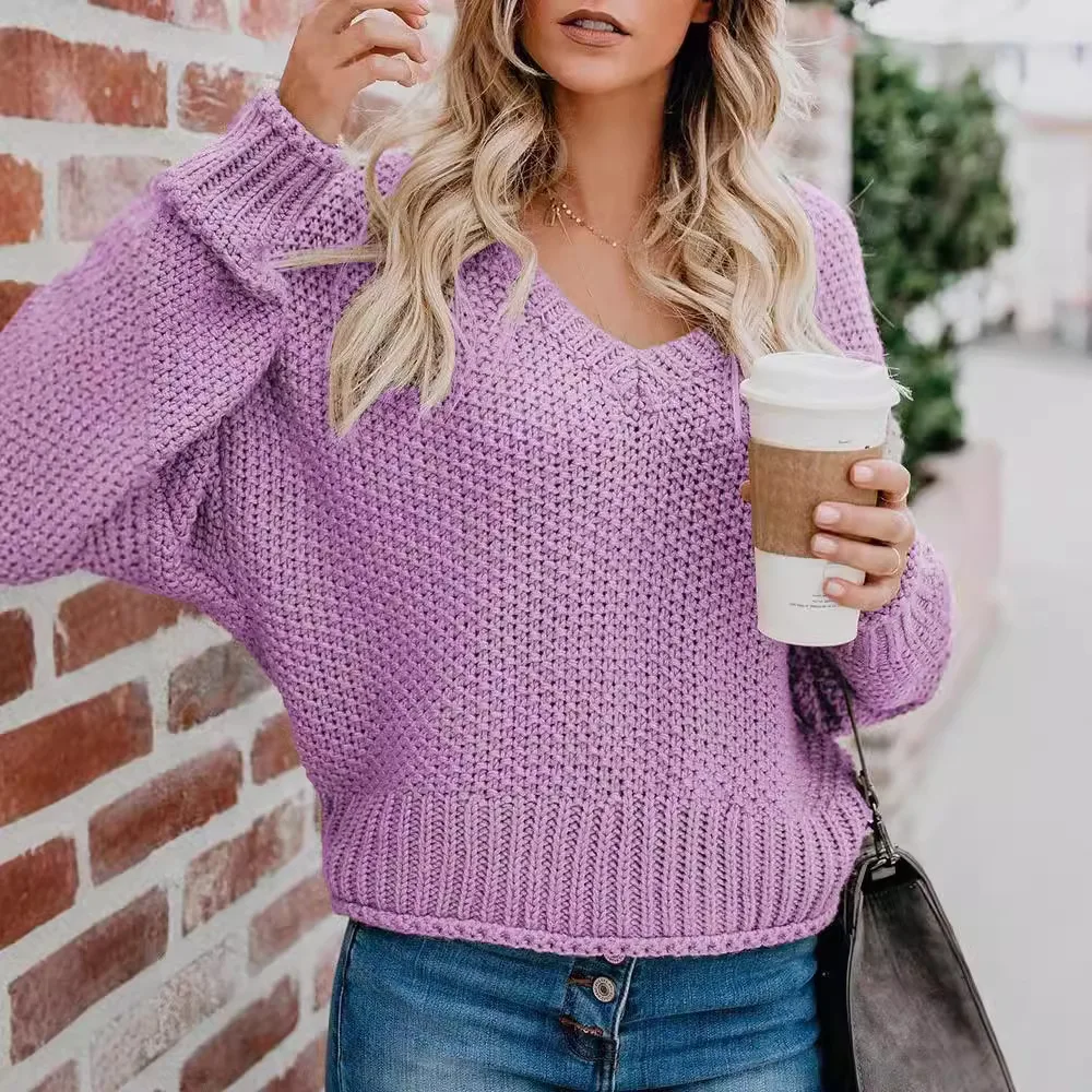 

Women's Loose Hoodie V-ne Sweater Knitted Thin Artificial Fiber Autumn Winter Faionable Ladies' Knitwear